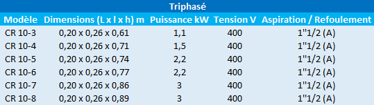 Caractéristiques des modèles CR10 triphasés de Grundfos