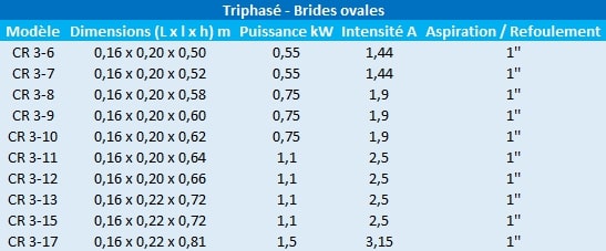Caractéristiques des modèles CR3 triphasés de Grundfos.