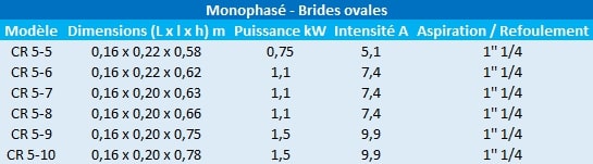 Caractéristiques des modèles CR5 monophasés de Grundfos.