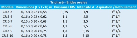 Caractéristiques des modèles CR5 triphasés de Grundfos.