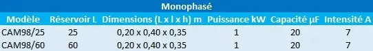 Caractéristiques du modèle CAM98/25 et 60L avec réservoir à vessie Speroni.