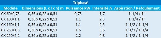 Caractéristiques des modèles CX triphasés de Speroni.