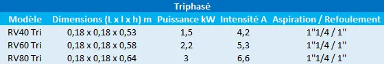 Caractéristiques des modèles RVM triphasés de Speroni