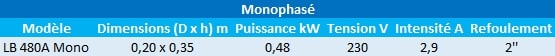 Caractéristiques du modèle LB 480 A monophasé de Tsurumi.