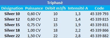 Caractéristiques de ces pompes de piscine ESPA triphasées.