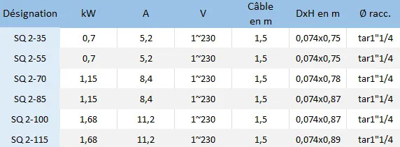 Voici les principales caractéristiques électriques de la pompe de forage Grundfos SQ2.