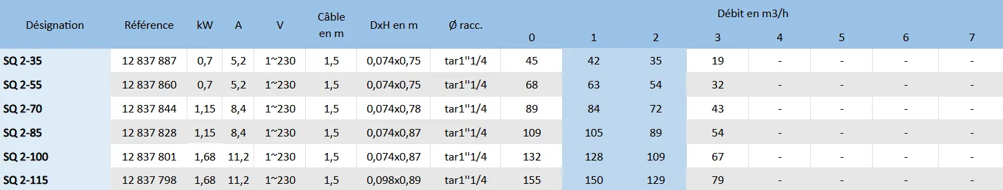 Les caractéristiques des pompes de forage 3'' Grundfos SQ2.