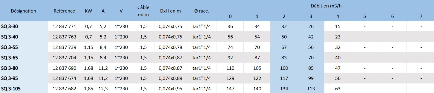 Voici les principaux caractéristiques des pompes de forage SQ 3.