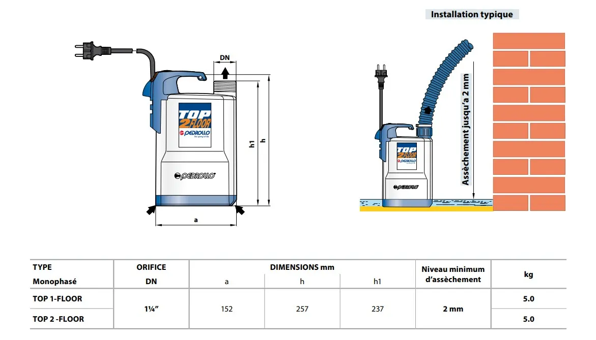 Installation typique d'une pompe serpillière Pedrollo Top 2 Floor.