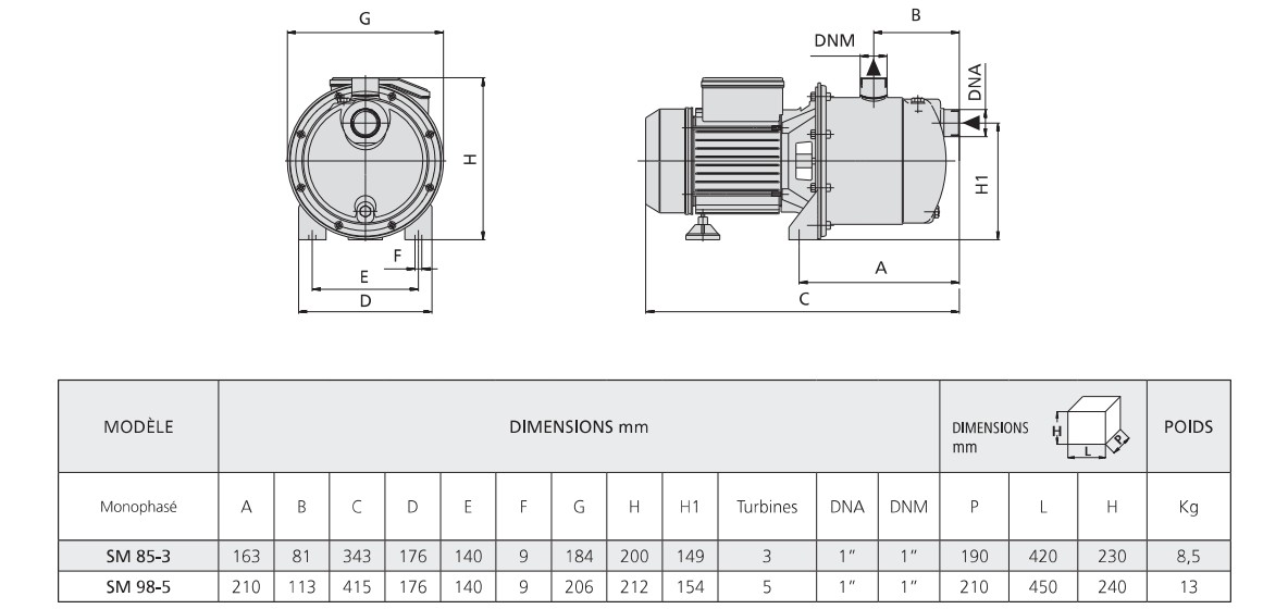 Les dimensions de ces 2 pompes de surface.