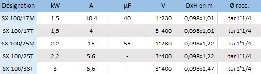 Les caractéristiques électriques de la pompe de forage immergée Speroni SX 100/17M, SX 100/17T, SX 100/25M, SX 100/25T et SX 100/33T 